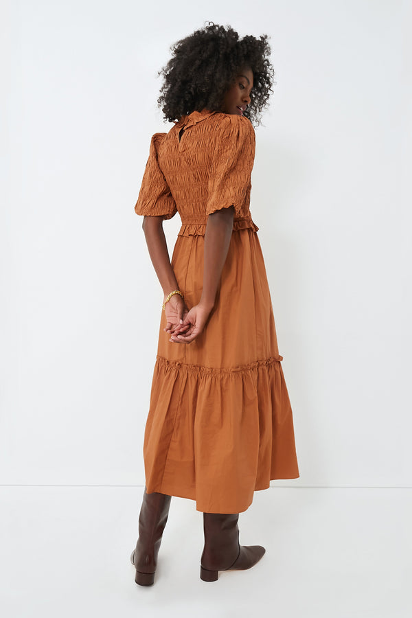 Exclusive Caramel Bubble Sleeve Smocked Midi Dress
