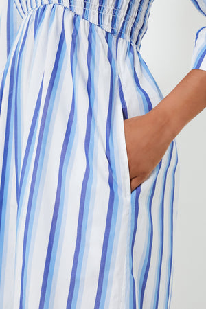 Silver Lake Blue Stripe Cotton Open-neck Smock Long Dress