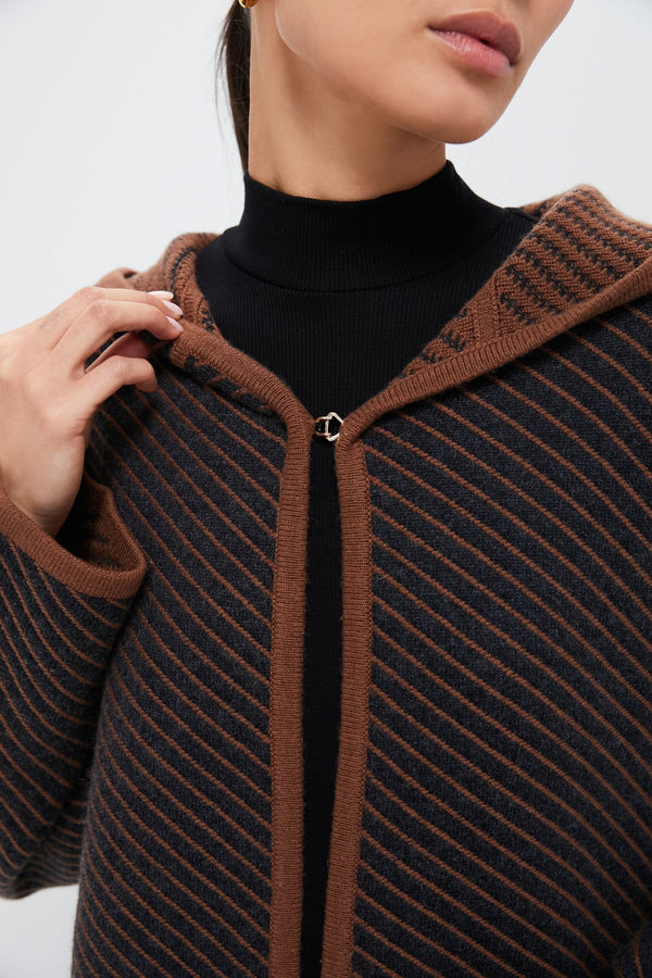 Dark Grey and Camel Stripes Cashmere Wool Blend Twill Coat