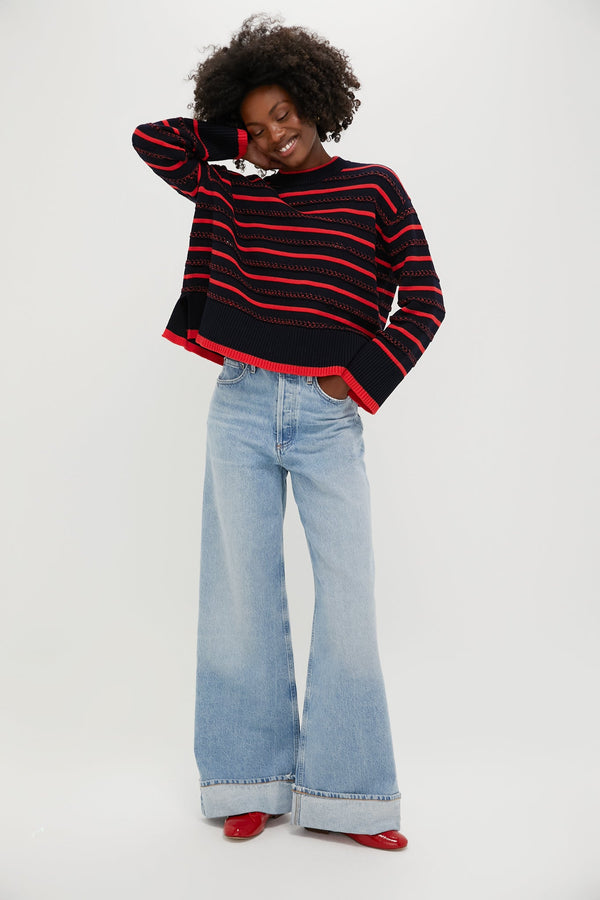 Navy and Red Pointelle Stripe Maxine Sweater