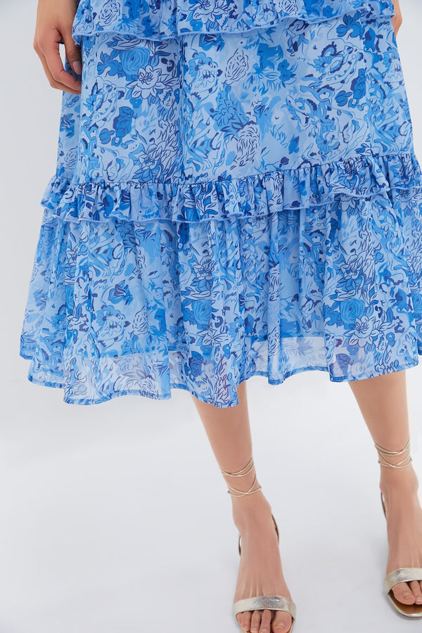 Blue Multi Abstract Floral Rosalind Ruffle Midi Dress
