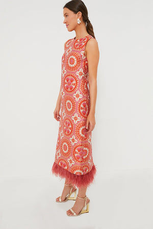 Sun Jacquard Column Dress with Feathers