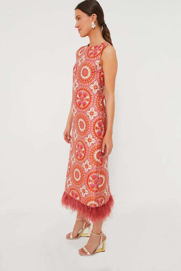 Sun Jacquard Column Dress with Feathers