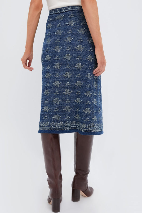 Dark Indigo Printed Wrap A-Line Skirt