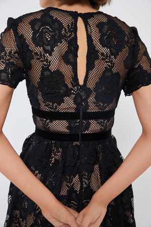 Black Lace Velvet Bow Midi Dress