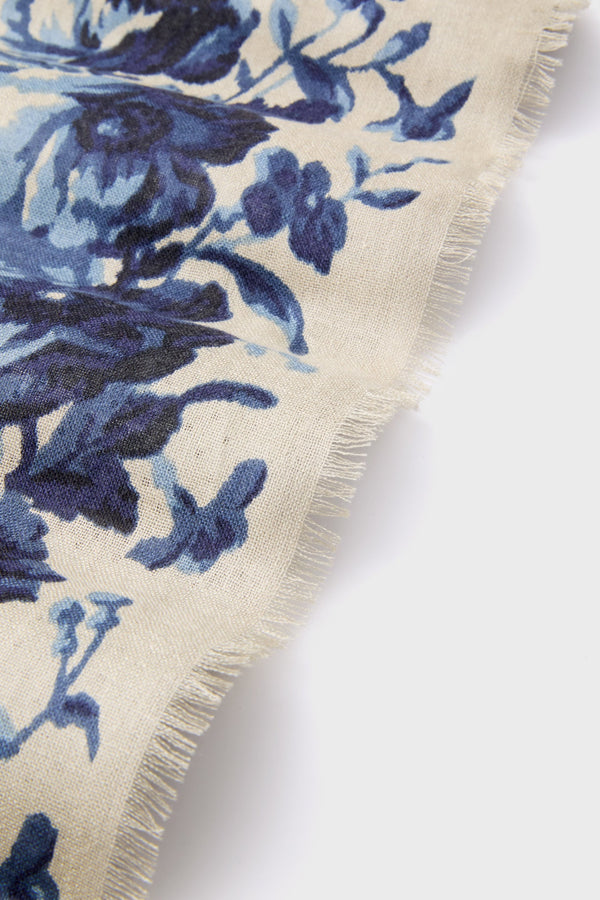 Slate Blue Fading Floral Silk Cashmere Blend Large Scarf