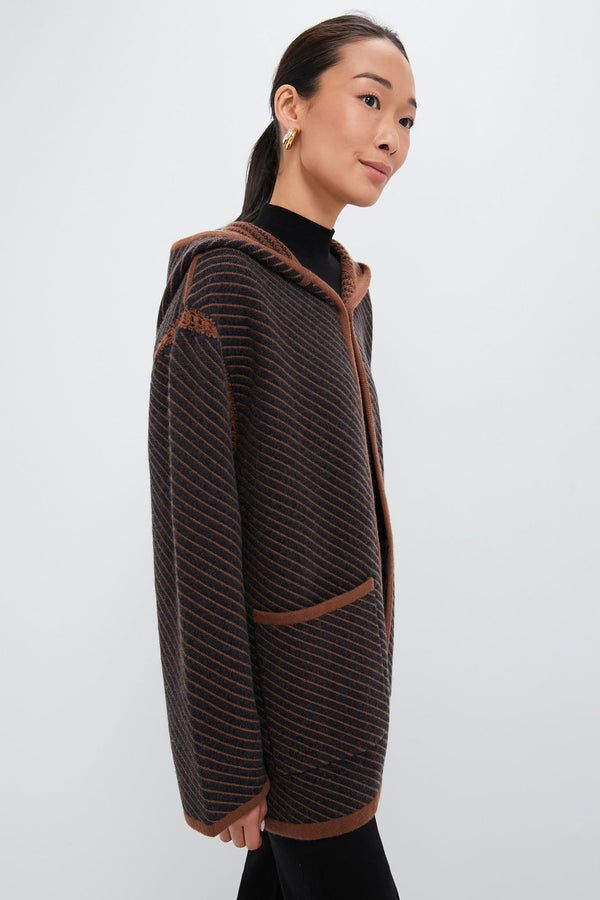 Dark Grey and Camel Stripes Cashmere Wool Blend Twill Coat