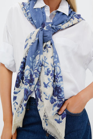 Slate Blue Fading Floral Silk Cashmere Blend Large Scarf