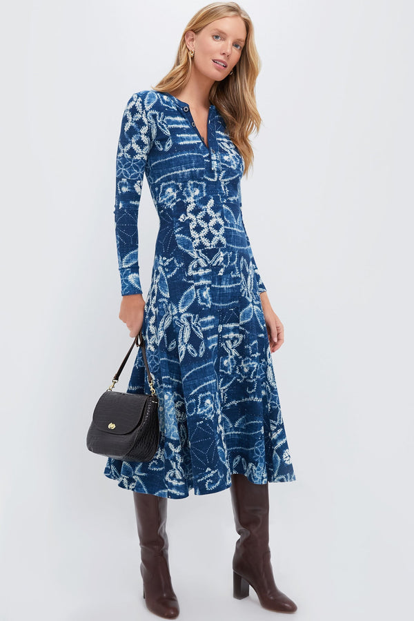 Indigo Shabori Patchwork Rowie Long Sleeve Day Dress