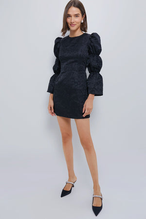 Black Jacquard Puff Sleeve Darcy Mini Dress