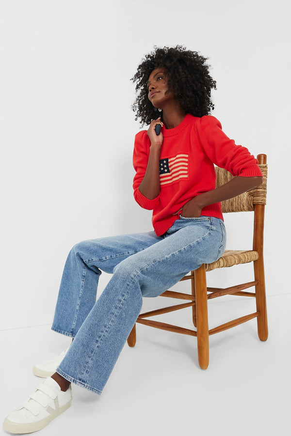 Red Cropped Puff Sleeve Americana Sweater
