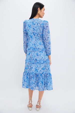 Blue Multi Abstract Floral Rosalind Ruffle Midi Dress