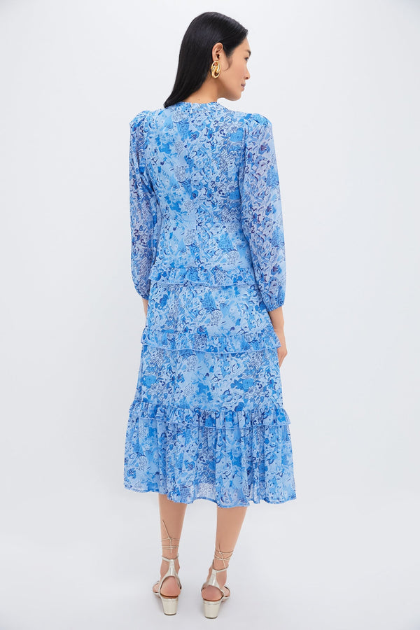 Blue Multi Abstract Floral Rosalind Ruffle Midi Dress