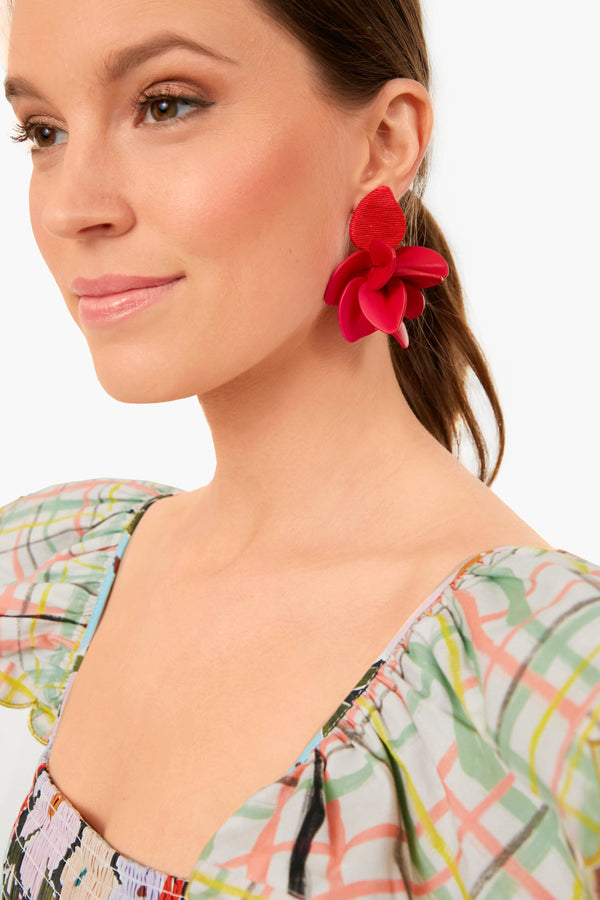 Poppy Red Silk and Leather Orchid Earrings