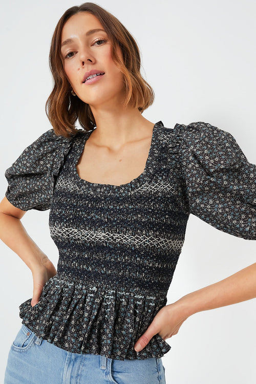 Multi Maia Floral Print Puff Sleeve Smocked Top