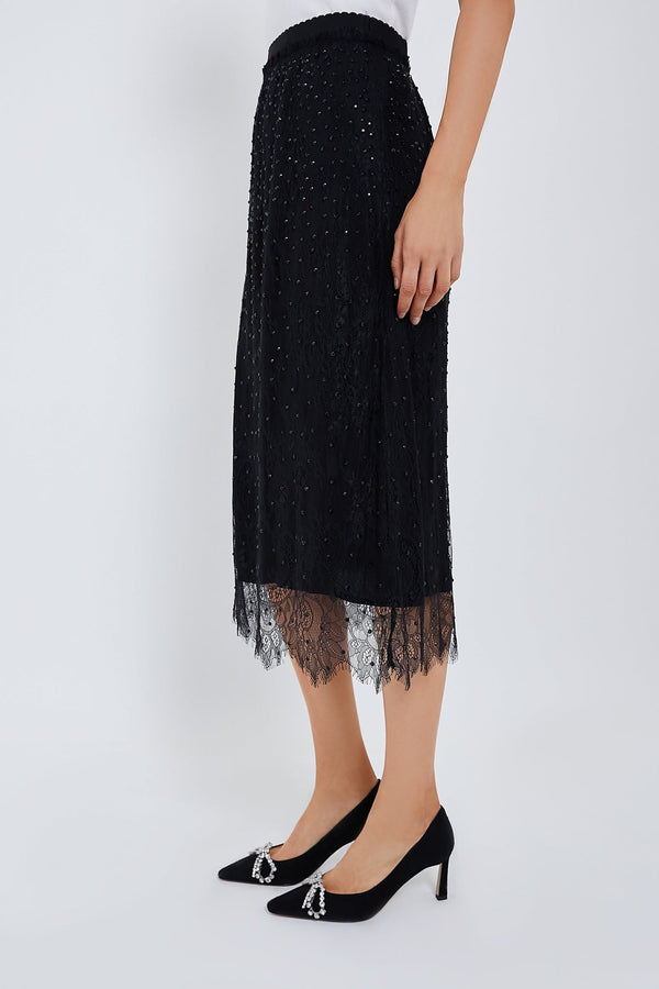 Black Seraphina Stoned Lace Skirt