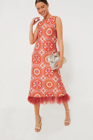 Sun Jacquard Column Dress with Feathers