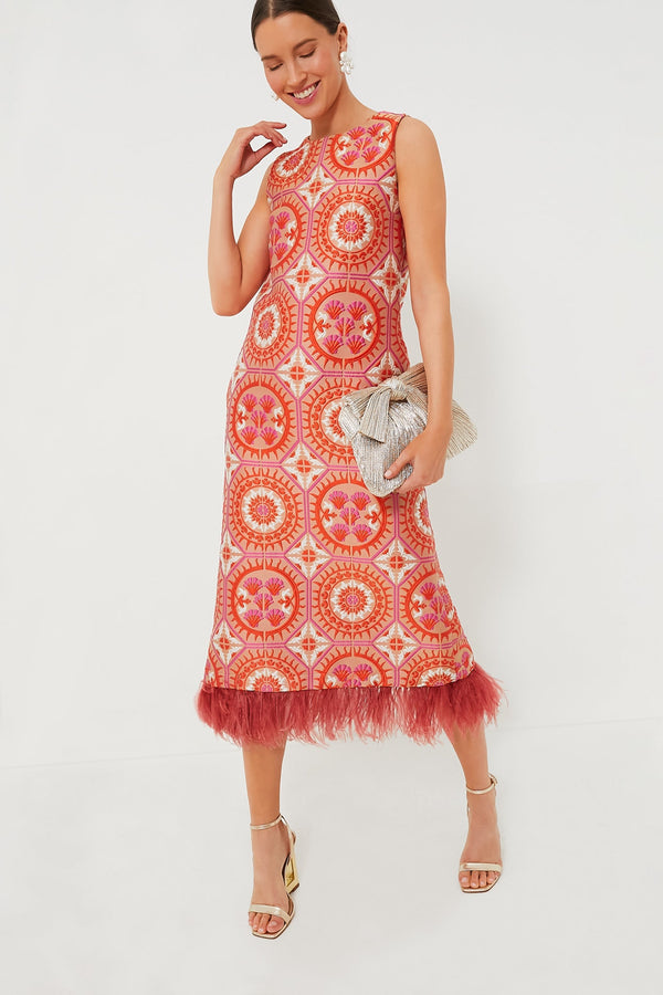 Sun Jacquard Column Dress with Feathers