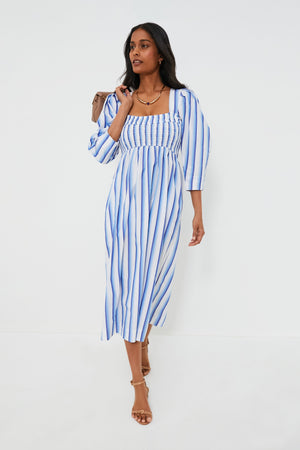 Silver Lake Blue Stripe Cotton Open-neck Smock Long Dress