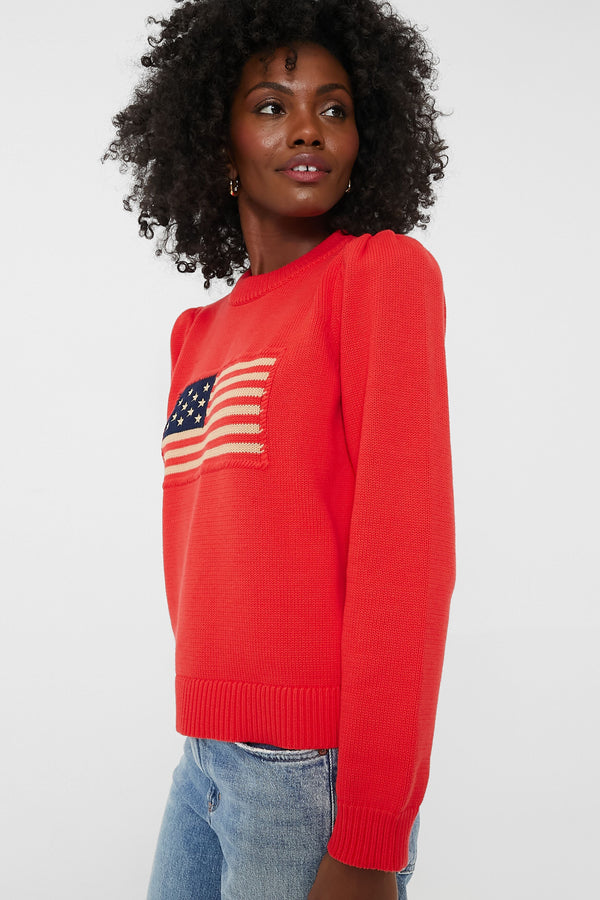 Red Cropped Puff Sleeve Americana Sweater