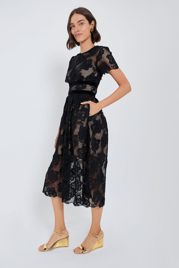 Black Lace Velvet Bow Midi Dress