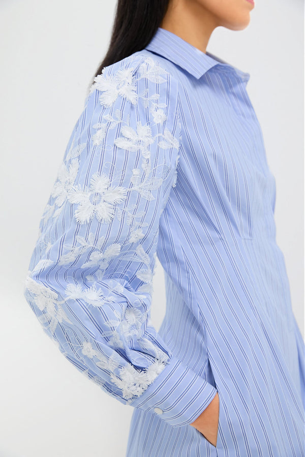 Blue Stripe Embroidery Genevieve Mini Dress