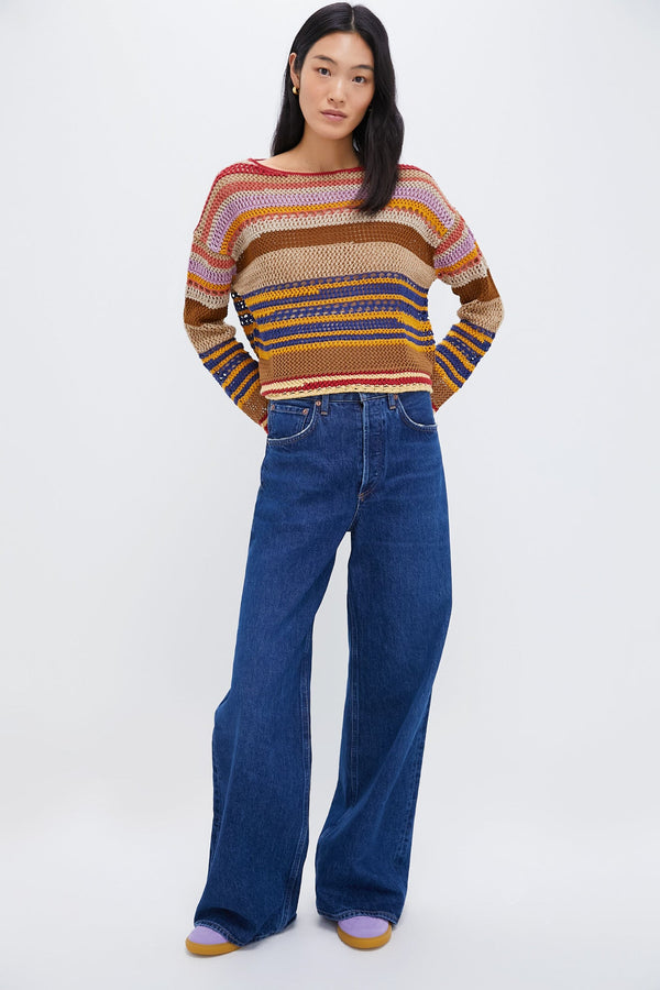 Tan Multi Linen Blend Stripe Long Sleeve Pullover