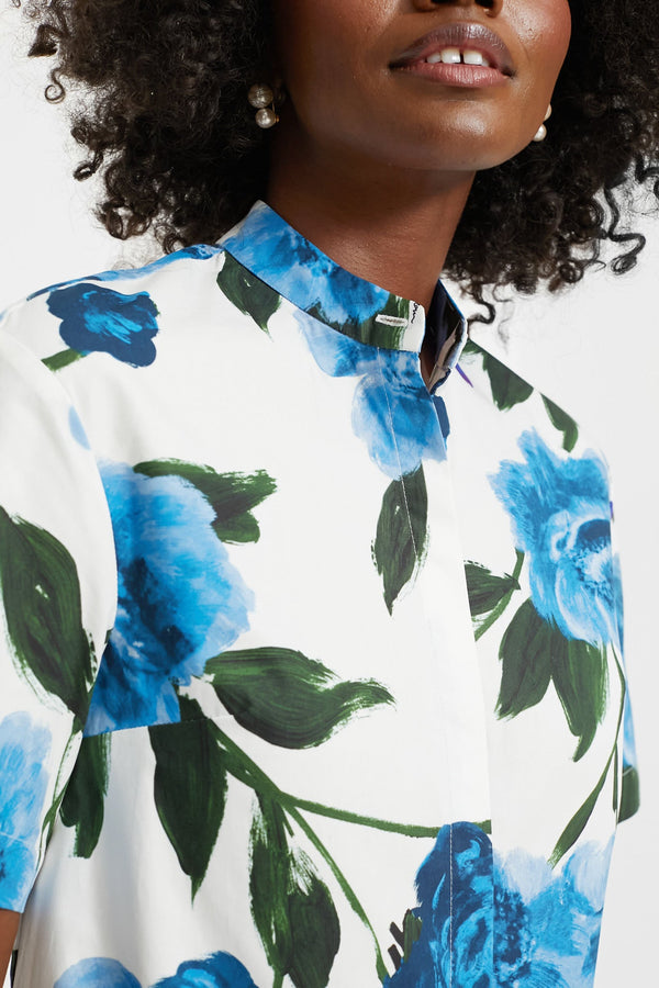 White and Blue Short Sleeve Button Down Mini Dress