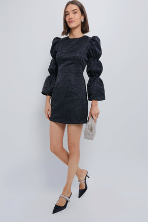 Black Jacquard Puff Sleeve Darcy Mini Dress