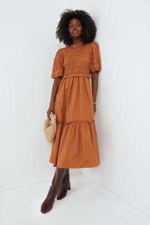 Exclusive Caramel Bubble Sleeve Smocked Midi Dress