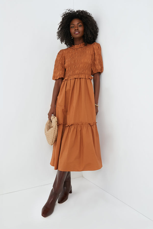 Exclusive Caramel Bubble Sleeve Smocked Midi Dress