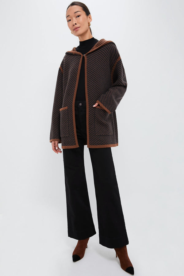 Dark Grey and Camel Stripes Cashmere Wool Blend Twill Coat