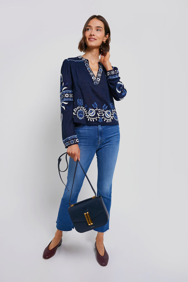 Navy Inga Embroidery Longsleeve Top