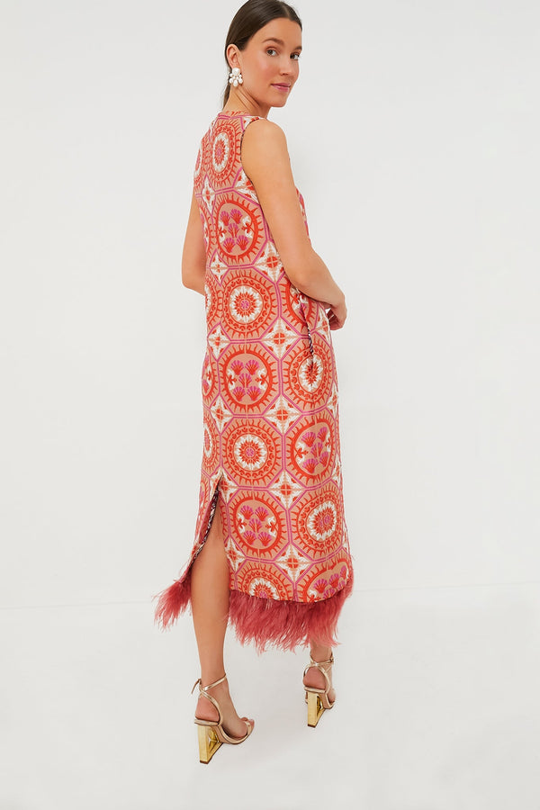 Sun Jacquard Column Dress with Feathers