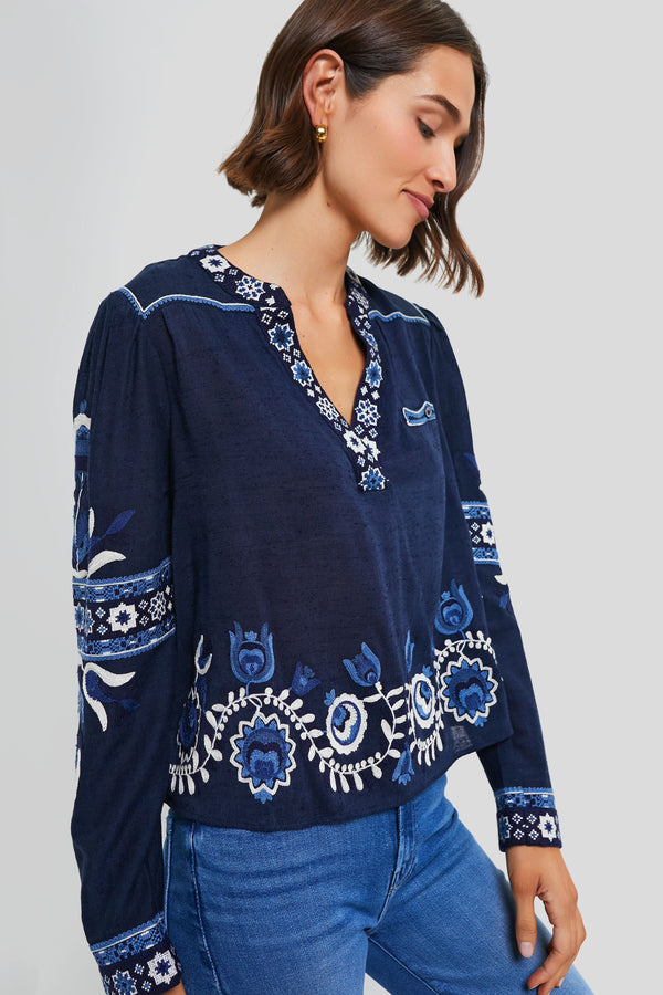 Navy Inga Embroidery Longsleeve Top