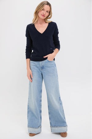 Navy Cashmere V-Neck Sweater