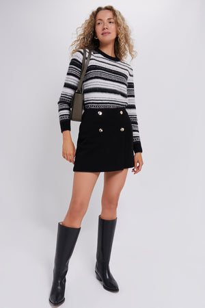 Black Soft Wool Stripe O-neck Sweater