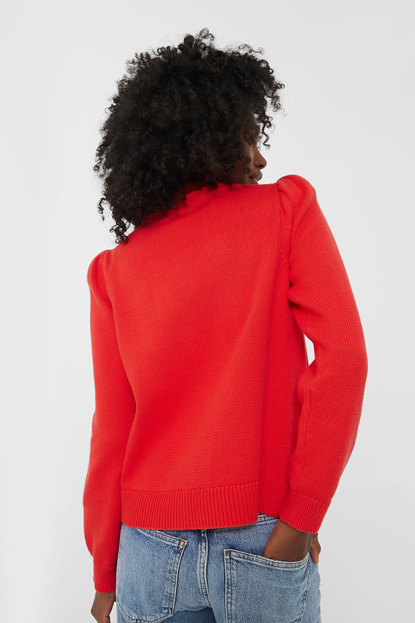 Red Cropped Puff Sleeve Americana Sweater