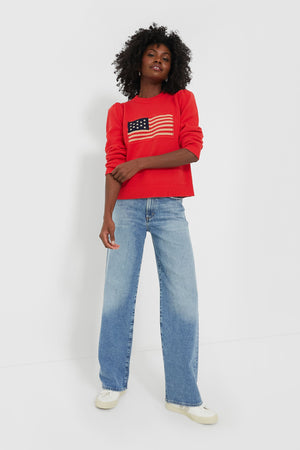 Red Cropped Puff Sleeve Americana Sweater