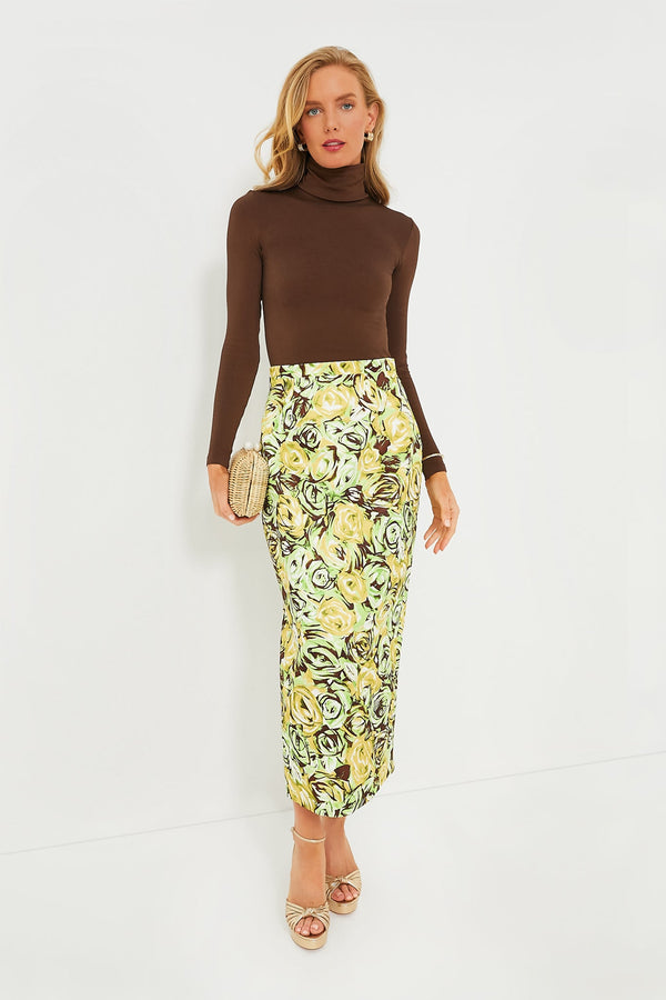 Green and Lemon Abstract Roses Lorelei Twill Skirt