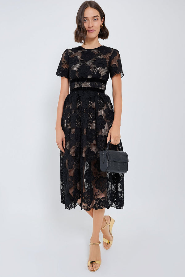Black Lace Velvet Bow Midi Dress