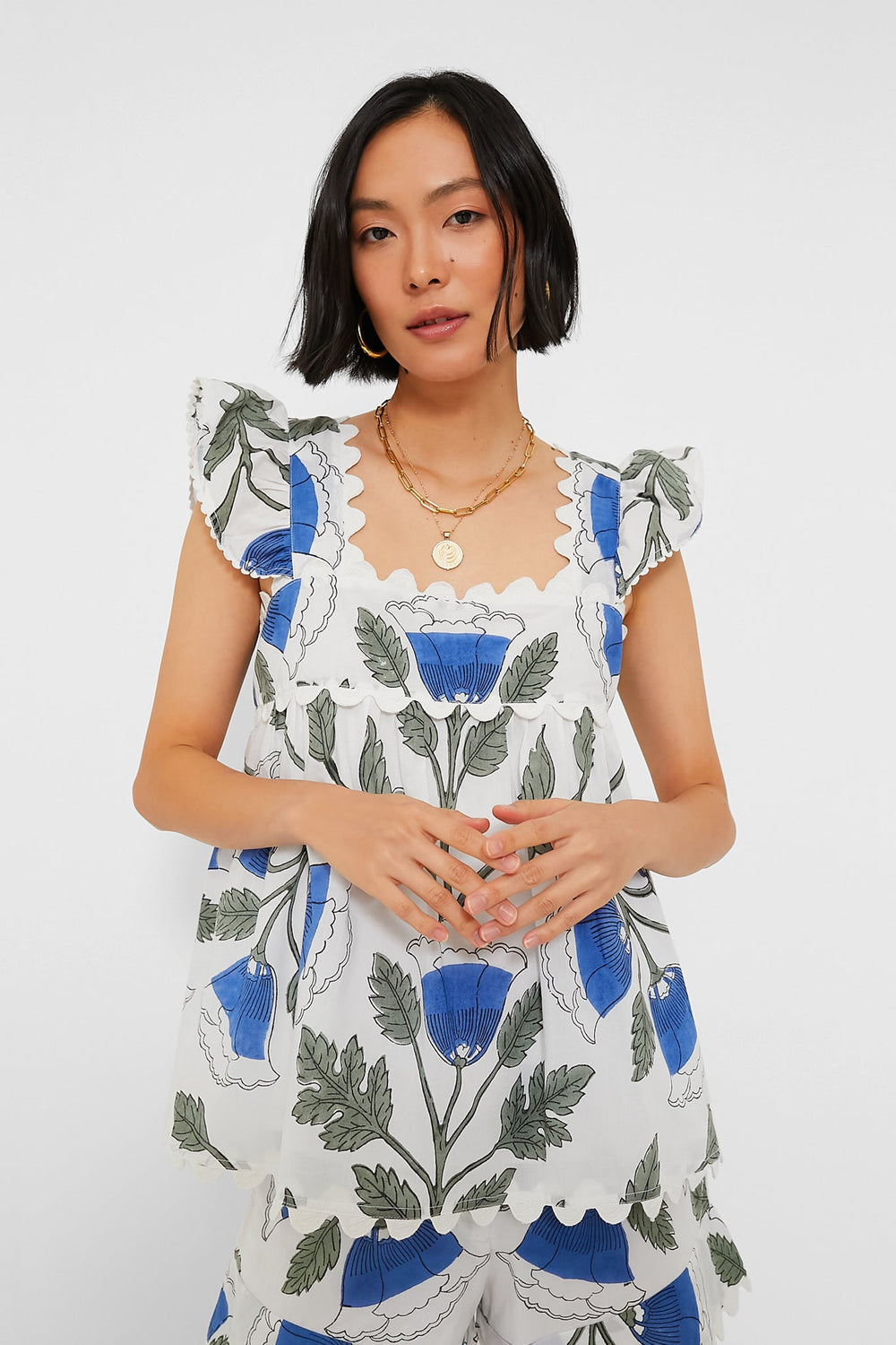 White and Klein Blue Baby Doll Top with Bellflower Blockprint