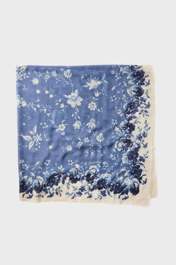 Slate Blue Fading Floral Silk Cashmere Blend Large Scarf