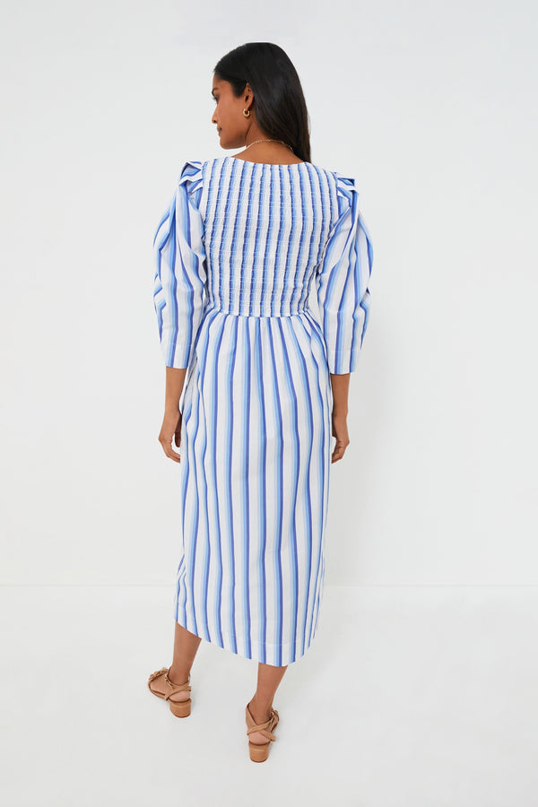 Silver Lake Blue Stripe Cotton Open-neck Smock Long Dress