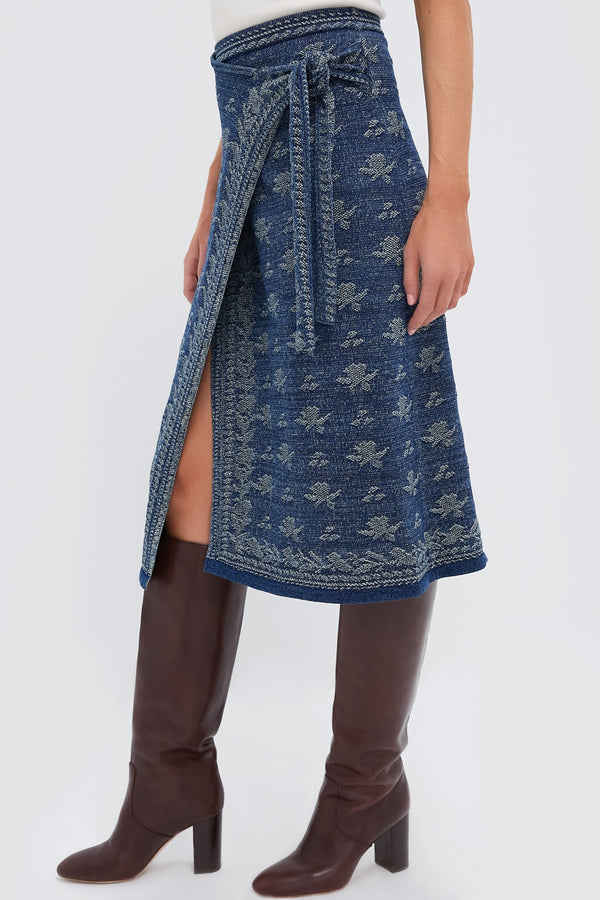 Dark Indigo Printed Wrap A-Line Skirt