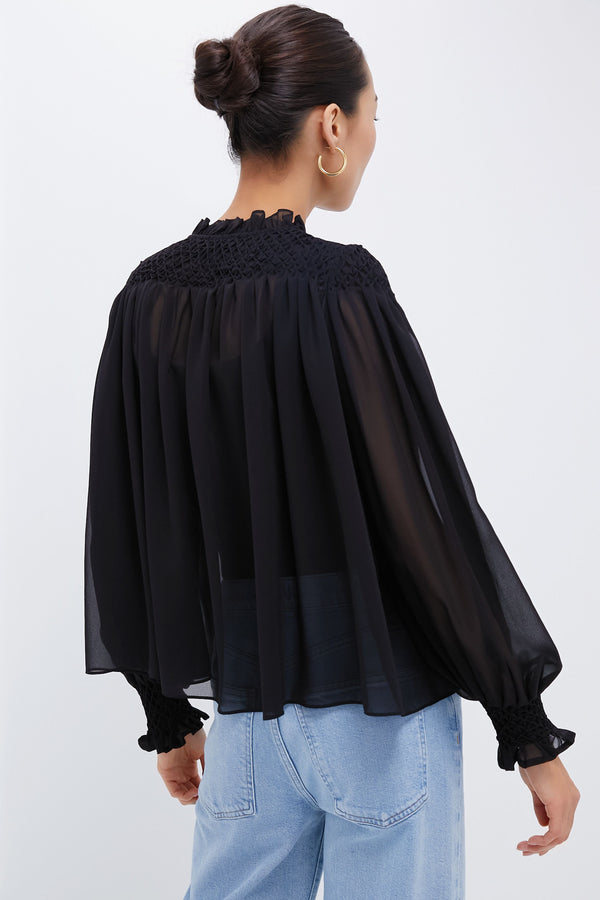 Black Sheer Smocked Rylie Blouse