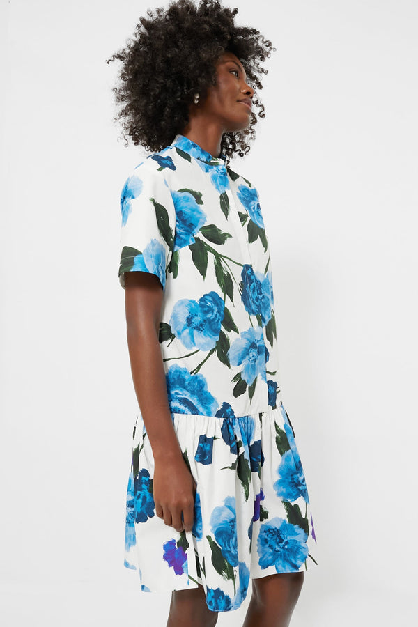 White and Blue Short Sleeve Button Down Mini Dress