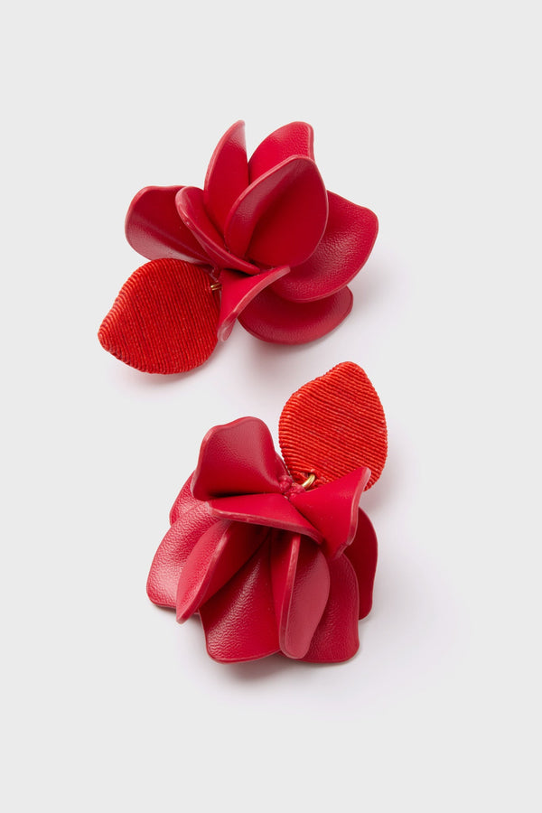 Poppy Red Silk and Leather Orchid Earrings