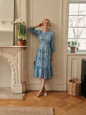 Blue Multi Abstract Floral Rosalind Ruffle Midi Dress