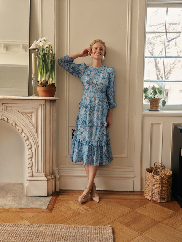 Blue Multi Abstract Floral Rosalind Ruffle Midi Dress